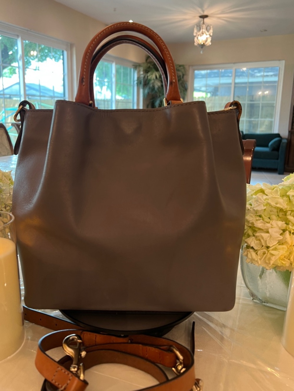 Dooney & Bourke Taupe Leather Satchel with Tan Handles & Crossbody Strap